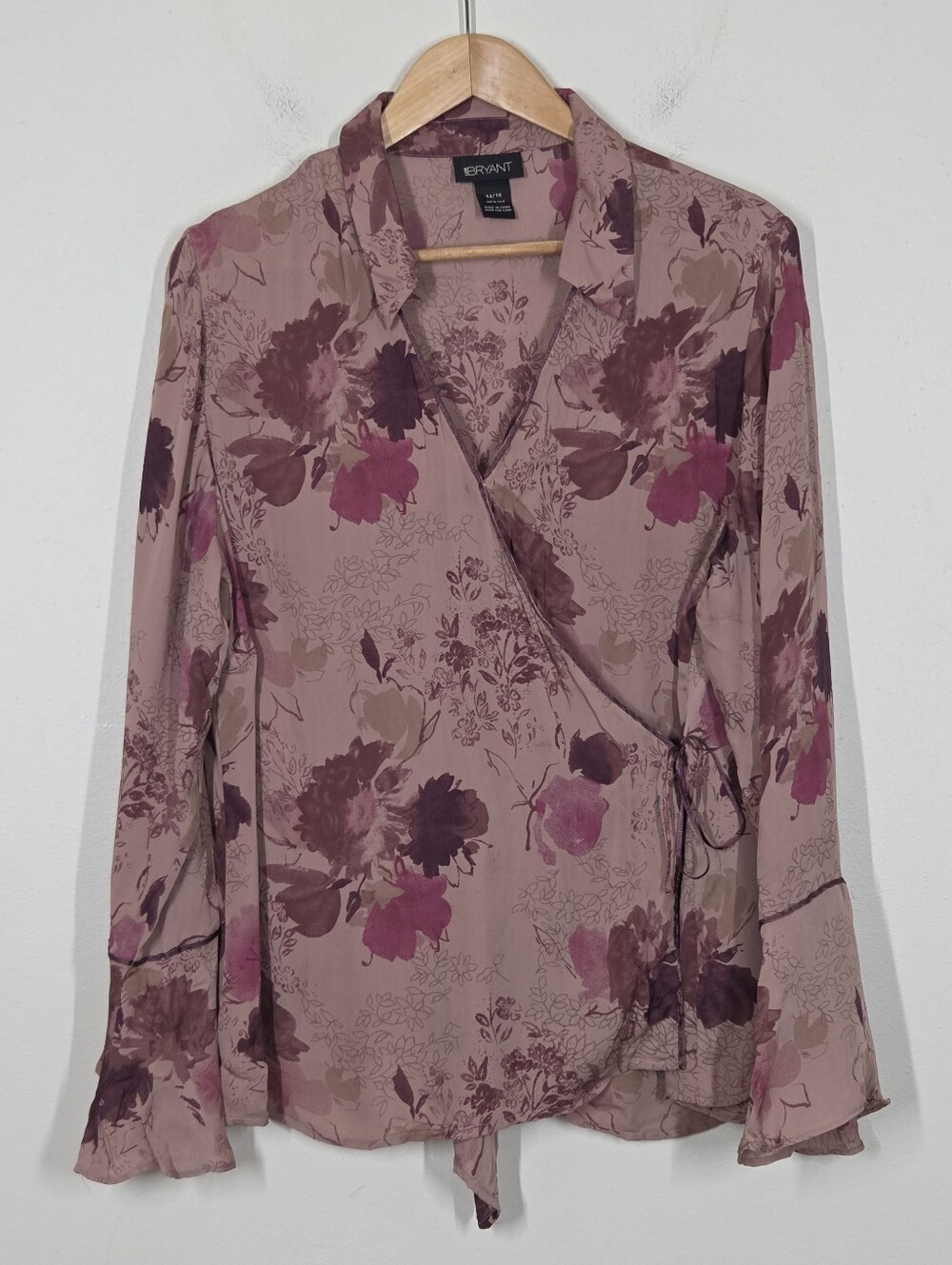 Vtg Y2K Lane Bryant Mauve Pink Floral Silk Wrap Top Fairy Grunge Boho 14/16